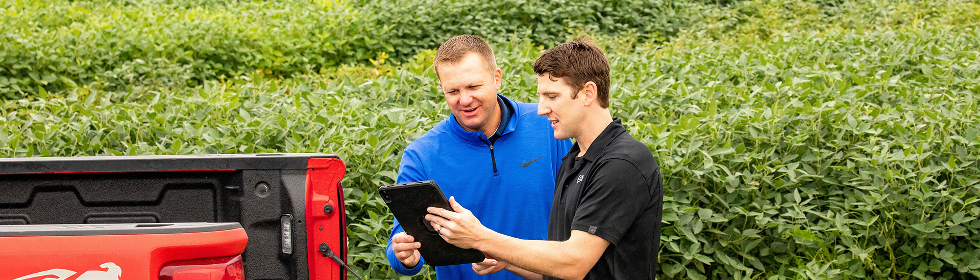 two men looking a tablet